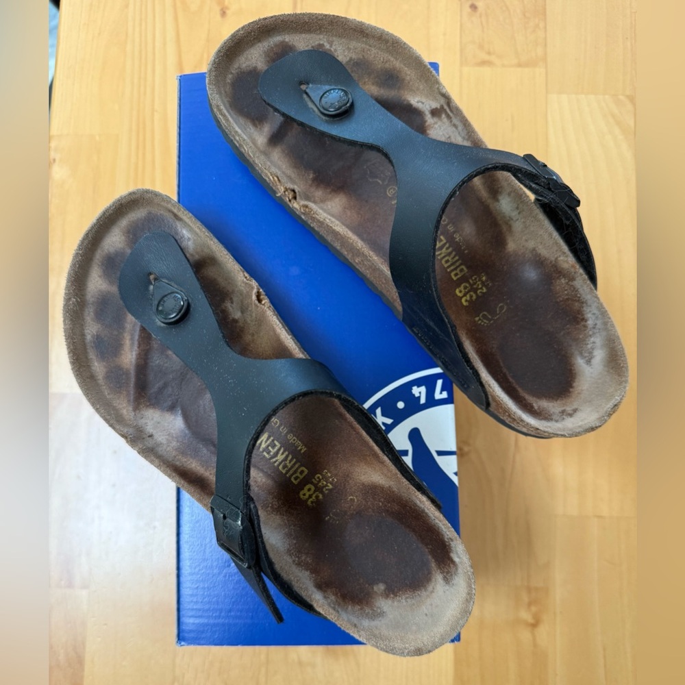 Birkenstock Black Leather Gizeh Thong Sandals